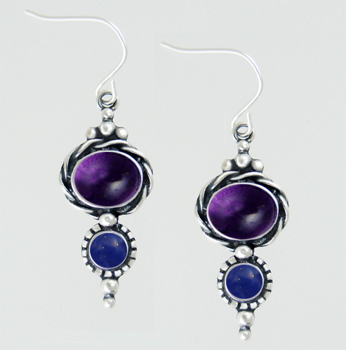 Sterling Silver Amethyst And Lapis Lazuli Gemstone Drop Dangle Earrings